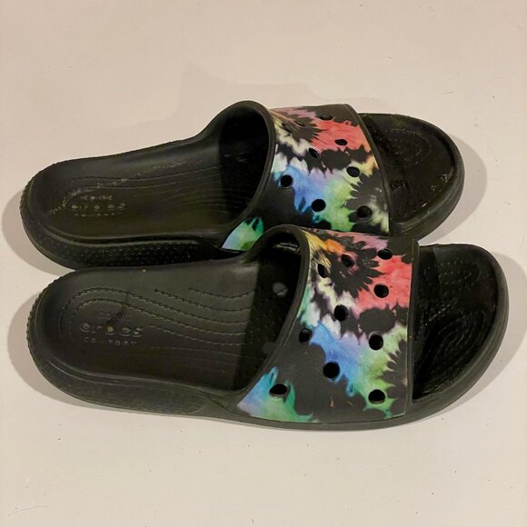 Classic Crocs Tie Dye Graphic Slides Women’s 8 Men’s 6 Black Comfort Sandals - Picture 1 of 3